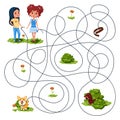 Two girls walked with dogs on leashes. Guess whose dog ran away? Children`s picture puzzle with a maze